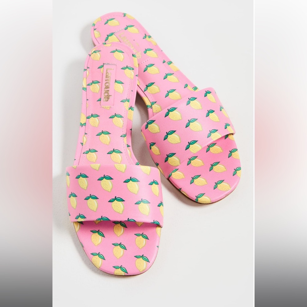 Larroude Pink Lemon Print Slide Sandals